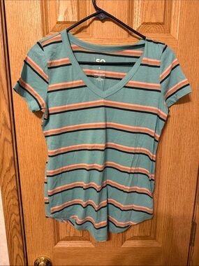 SO Teal Striped V-Neck Short Sleeve Tee with Pink and Navy Bands
